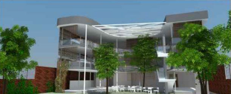 Render desain bangunan restoran Kedai Kita di Bogor dengan teras makan dan atap kanopi melengkung