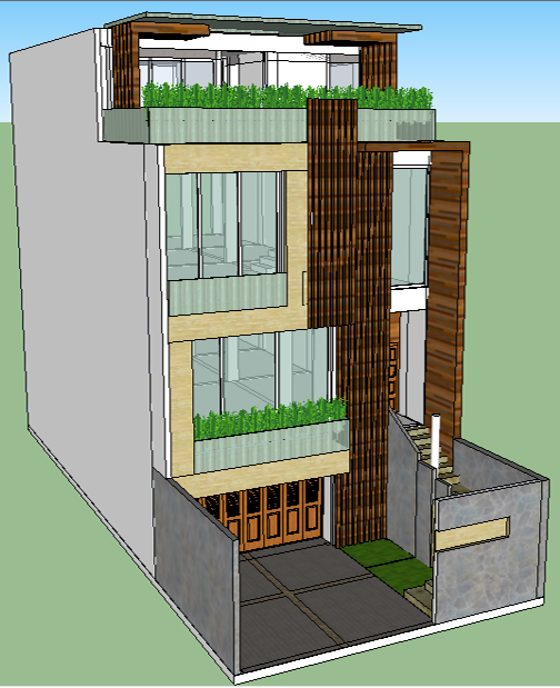 Render desain rumah tinggal tiga lantai di Depok dengan sirip kayu dan teras hijau bertingkat